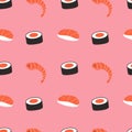 Cute seamless pattern with sushi, rolls and shrimps on a pink background.